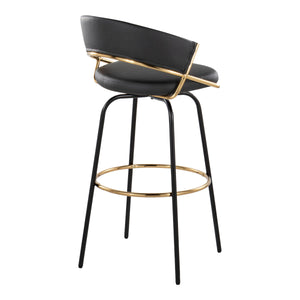 English Elm Jie Contemporary Barstool Set Of 2 With Swivel, Gold Metal Footrest & Black Faux Leather Elegance B202S00608