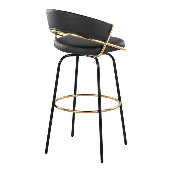 English Elm Jie Contemporary Barstool Set Of 2 With Swivel, Gold Metal Footrest & Black Faux Leather Elegance B202S00608