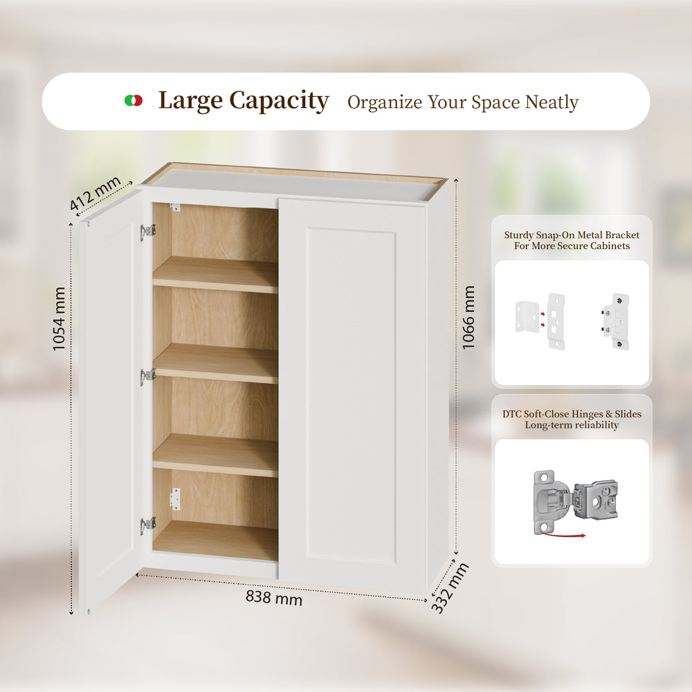 English Elm 33 Inch Solid Wood Shaker Wall Cabinet Soft Close Doors Adjustable Shelves Kitchen Bath T2950P490384