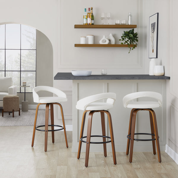English Elm Fixed-height Swivel Barstools Walnut Bentwood Frame Faux Leather Seats Set of 2 B202S01859