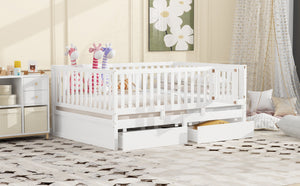English Elm Full Size Pinewood Kids Daybed with Fence Rails Split Floor Bed and Storage Drawers White LP100882AAK