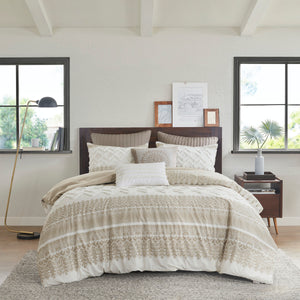 English Elm Full/Queen Mila 3 Piece Cotton Duvet Cover Set with Taupe Botanic Print, Chenille Chevron Tufting, OEKO-TEX Certified B035129140