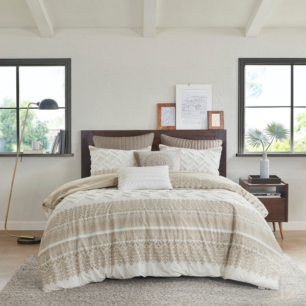 English Elm Full/Queen Mila 3 Piece Cotton Duvet Cover Set with Taupe Botanic Print, Chenille Chevron Tufting, OEKO-TEX Certified B035129140