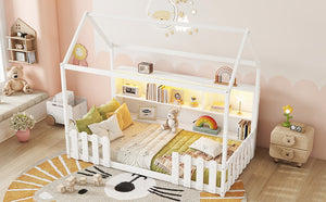 English Elm Twin House Bed with LED Light and Built-In Bookshelf, Solid Wood Playhouse Design for Kids Safety White 78.15 L x 15.75 W x 6.1 H W2593P269087