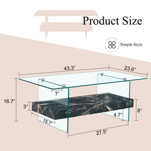 English Elm Rectangular Two Tier Glass Coffee Table with Marble Shelf for Modern Living Rooms W2920P226071