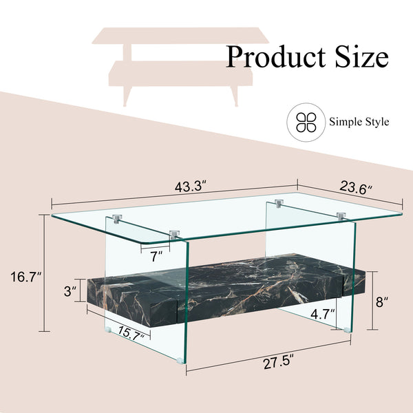 English Elm Rectangular Two Tier Glass Coffee Table with Marble Shelf for Modern Living Rooms W2920P226071