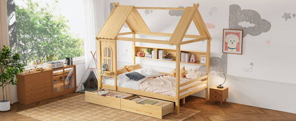 English Elm Full House Solid Wood Platform Bed with Window Roof, Under-Bed Drawers & Shelves for Kids' Rooms Natural W1580S00268