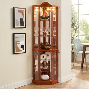 English Elm Lighted Corner Curio Cabinet With Adjustable Glass Shelves And Elegant Oak Finish For Home Or Office W1758P300135
