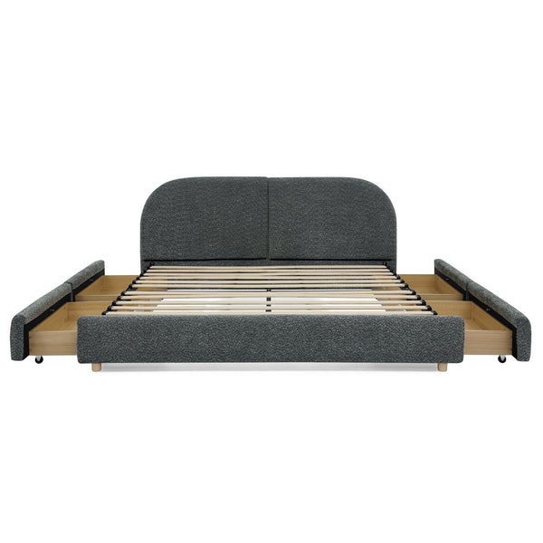 English Elm Queen Platform Bed Curved Headboard Circle Yarn Fabric with Four Wheeled Storage Drawers Dark Gray W487S00479