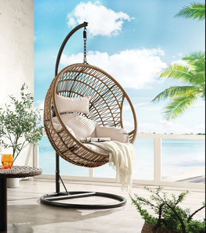 English Elm Vasant Beige Hanging Chair with Stand, Polyester Rope & Metal Frame, Removable Cushions, 26" Seat Depth B2726S00503