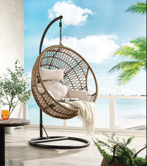 English Elm Vasant Beige Hanging Chair with Stand, Polyester Rope & Metal Frame, Removable Cushions, 26" Seat Depth B2726S00503