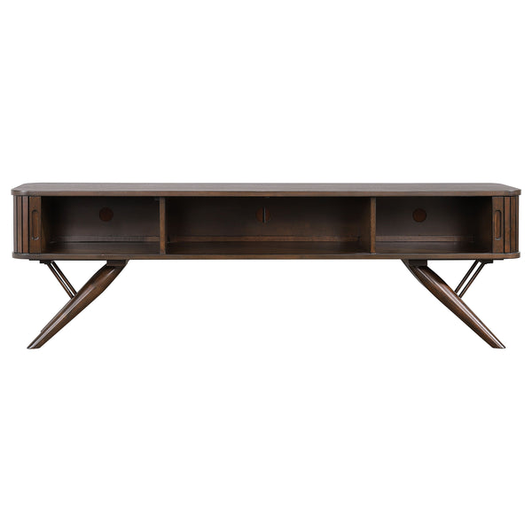 English Elm Stewart Walnut TV Stand with Sliding Door Fronts, Mid-Century Console Table, Cord-Managed Shelf, Ribbed Detail B062P354057