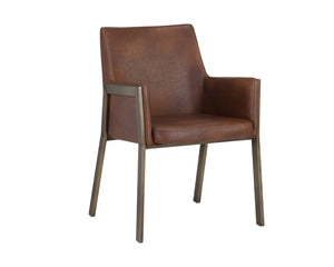 Sunpan Bernadette Dining Armchair – Elegant Design with Antique Brass Frame and Durable Faux Leather Upholstery Bravo Cognac