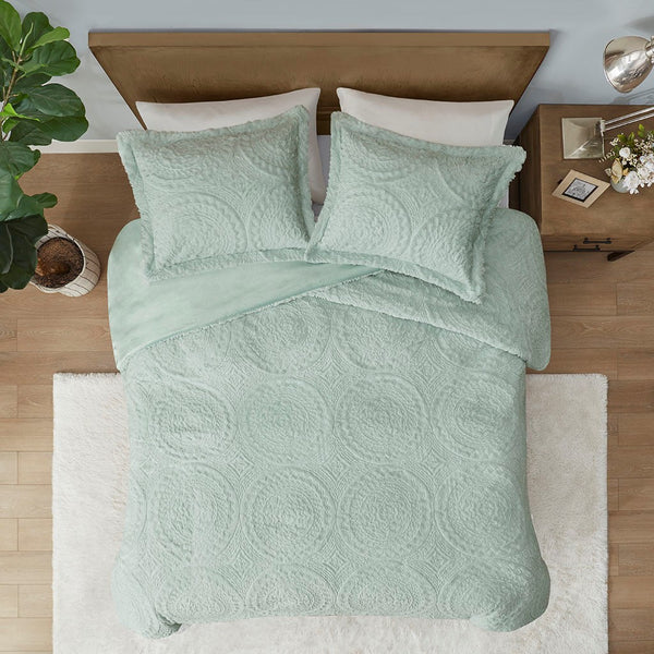 English Elm King/Cal King Embroidered Medallion Aqua Faux Fur Ultra Plush Comforter Mini Set - Machine Washable, Luxury Feel B03597231