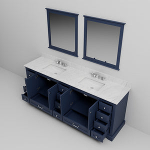 English Elm Navy Blue Double Bath Vanity 84" W With Carrara Marble Top, Faucets, And Elegant Mirrors Included B2731S01041