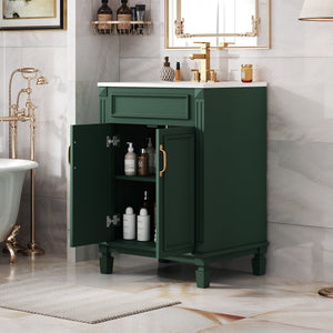English Elm 24'' Bathroom Vanity with Sink - Solid Wood Frame, Glossy Ceramic Basin, Soft-Close Doors & Ample Storage Elegant Modern Design, Durable MDF Construction, Retro Metal Handles, Compact 24-inch Cabinet Green N710P317675F