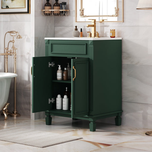 English Elm 24'' Bathroom Vanity with Sink - Solid Wood Frame, Glossy Ceramic Basin, Soft-Close Doors & Ample Storage Elegant Modern Design, Durable MDF Construction, Retro Metal Handles, Compact 24-inch Cabinet Green N710P317675F