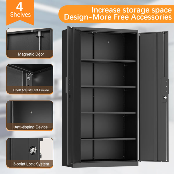 English Elm 72-inch Steel Locking Office Cabinet with 4 Adjustable Shelves for Legal File Storage Black T3625P400653