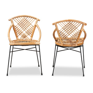 English Elm Modern Rattan Dining Chair Set of Two with Woven Back and Black Iron Base B2750P420347