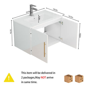 English Elm 30-Inch Sleek White Gloss Wall-Mounted Bathroom Vanity With Gold Handles & Soft-Close Doors, Easy Install W3151S00052
