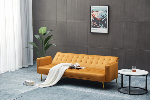 English Elm Sofa Bed Velvet Upholstered Convertible with Gold Metal Legs for Studio Spaces Ginger B205P246430