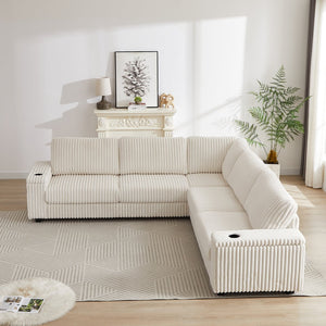 English Elm 110-Inch Oversized Corduroy Corner Sofa with Storage, USB & Cup Holders, Deep Plush Seating Comfort Beige W834S00284
