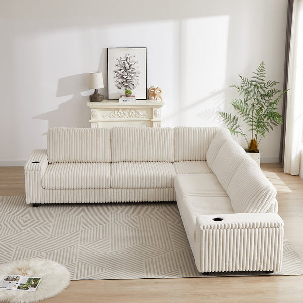 English Elm 110-Inch Oversized Corduroy Corner Sofa with Storage, USB & Cup Holders, Deep Plush Seating Comfort Beige W834S00284