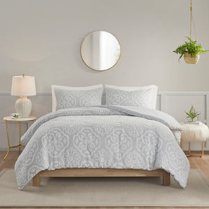 JLA Home Madison Park - 3 Tufted Woven Medallion Duvet Cover Set — Reversible Grey Microfiber, OEKO‑TEX, Button Closure, Farmhouse Chic 90 L x 90 W x 0.13H MP12-8305