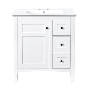 English Elm 30 Inch Bathroom Vanity with Ceramic Sink and 3 Smooth-Glide Drawers, Modern Moisture-Resistant Storage White N710P252105K