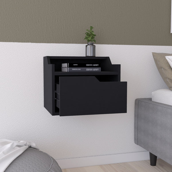 English Elm Winchester Floating Nightstand with Dual-Tier Surface, Spacious Drawer, Wall-Mount Modern Storage Black 18 L x 17 W x 5 H B097P199742