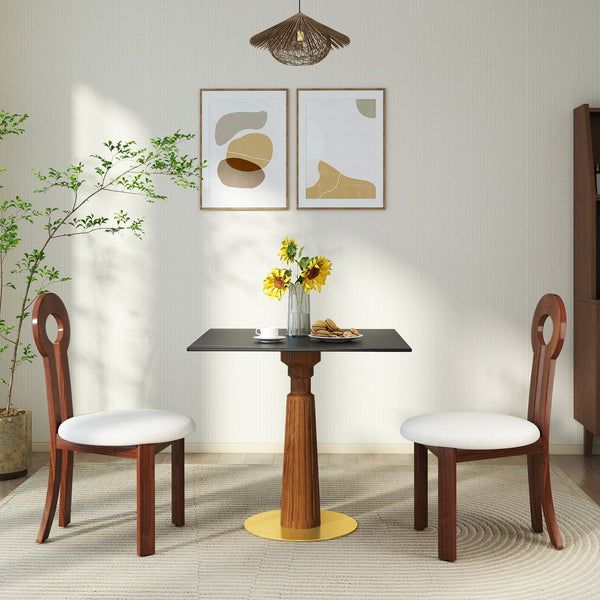 English Elm Modern Square Dining Table, 33.5" Sintered Stone Top With Elegant Wooden Legs & Gold Base, Ideal For Small Spaces And Two-Person Dining W1535S00570