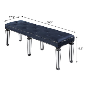 English Elm Dark Navy Velvet Tufted Bench with Mirrored Inlay Legs, Nailhead Trim & Plush Seat for Entryway B062P186458