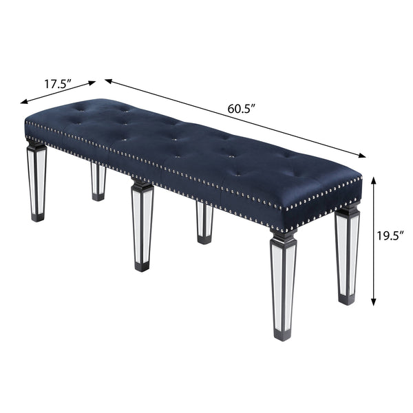 English Elm Dark Navy Velvet Tufted Bench with Mirrored Inlay Legs, Nailhead Trim & Plush Seat for Entryway B062P186458