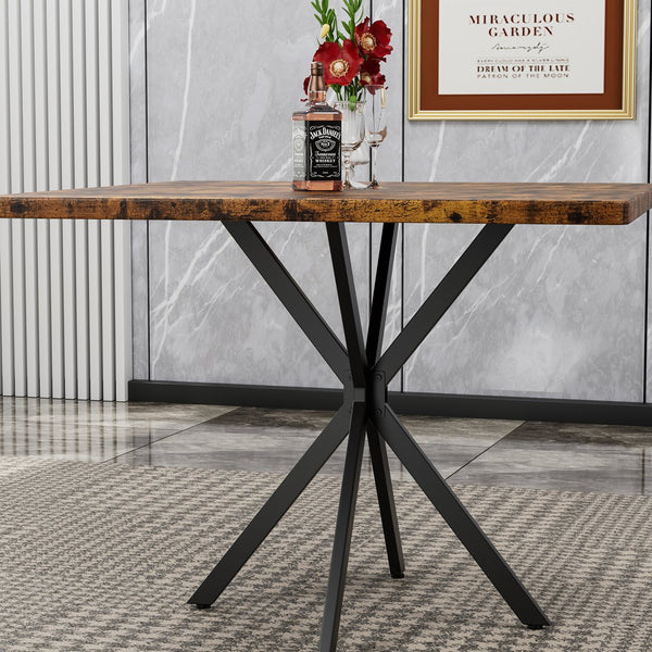 English Elm Square MDF Dining Set for 4 with Faux Marble Top, Mid-Century Modern Iron Legs, Easy-Clean Surface Brown+Black W578S00029