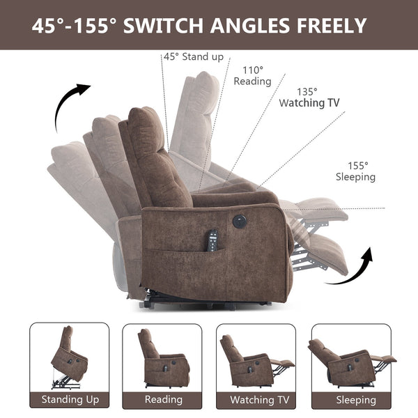 English Elm Beige Chenille Power Lift Recliner with Massage Heat and Usb for Senior Comfort Brown W1803P369080