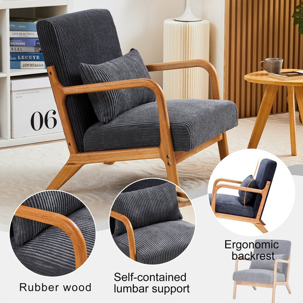 English Elm Mid-Century Ergonomic Accent Chair Antique Dark Grey Upholstered Reading Armchair with Pillow, Solid Wood Frame, Multi-Scene Comfort W2989P241943