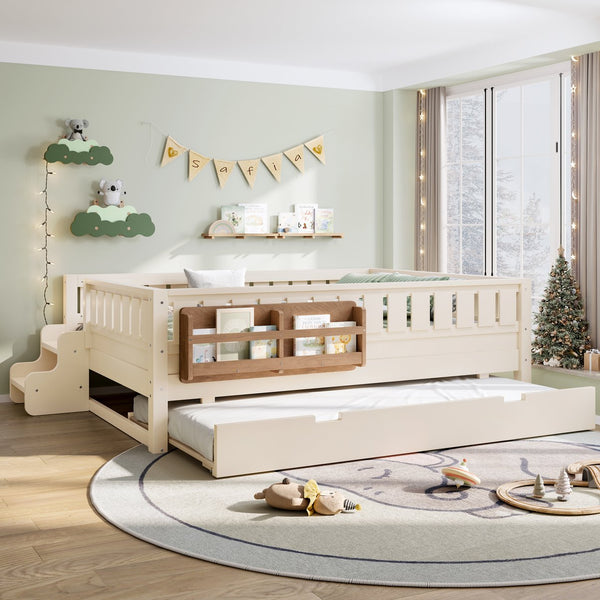 English Elm Twin Kids Platform Bed with Trundle Staircase Bookshelf and Rounded Safety Rails Beige W1580S00559