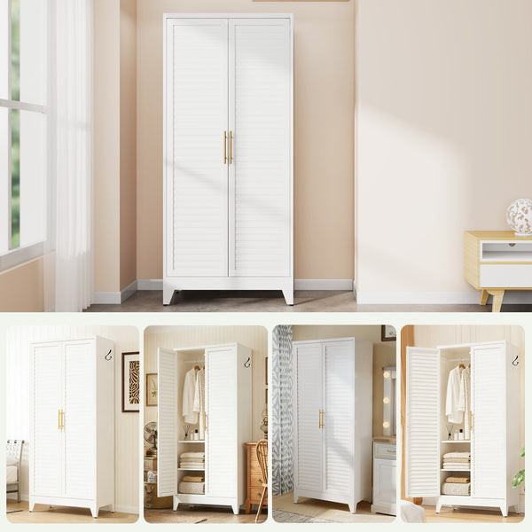 English Elm White Steel Freestanding Wardrobe Cabinet with Rod and Shelves for Dorm or Apartment T2398P480394