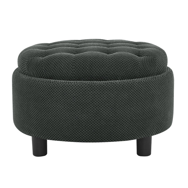 English Elm 25 Inch Round Fabric Pouf Ottoman with Removable Wooden Lid and Hidden Interior Storage Dark Grey W5568P461310