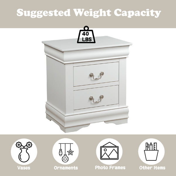 English Elm Louis Louis Philippe nightstand with two smooth-glide drawers, brushed nickel handles, durable dovetail build enhancing bedroom organization White 27 L x 18 W x 23 H B2726P252734