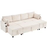 English Elm 111.8" Sectional Sofa Pull-Out Sofa Bed Versatile Sofa Sleeper With Large Storage Space, Two Usb Ports and Two Cup Holders For Living Room, Beige