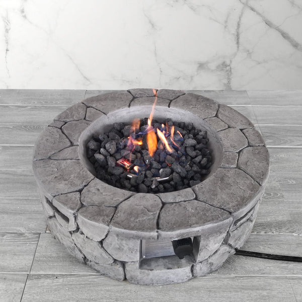 English Elm 9'' Fiber Reinforced Concrete Outdoor Fire Pit, 40,000 BTU Propane, 28" W Rustic Stone Look, Cover Included B120P198408