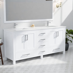 English Elm White Double Bath Vanity Set With White Quartz Top & 70 In. Mirror - Elegant Storage & Style! B2731S00704-GIGA