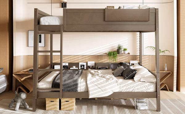 English Elm Queen Over Bunk Bed Pine Frame with Built in Shelving Detachable Vintage Style Brown W5316S00015