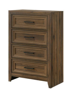 English Elm 1pc Contemporary Wooden Four Drawer Chest with Geometric Relief and Warm Brown Finish B2741P498437