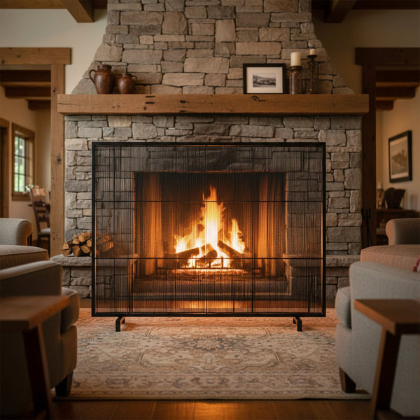 English Elm Willow Iron Fireplace Screen Powder Coated Vertical Bar Grid for Modern Interiors Black N775P386927B
