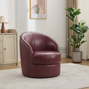 English Elm Dark red Top-Grain Leather Swivel Accent Chair with 360° Smooth Spin, Riveted Rock’n’Roll Style, Sturdy Base W570P386958