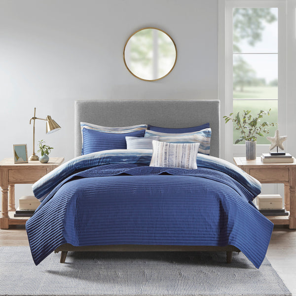 English Elm 8 Marina Seersucker Comforter & Quilt Set Full/Queen - Watercolor Stripe, Hypoallergenic, Layerable Blue 23.62 L x 18.9 W x 18.31 H B03597097