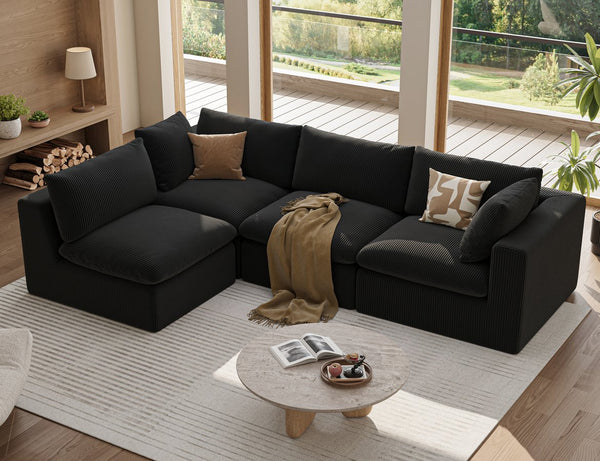 English Elm Modular L Shaped Sectional Sofa in Corduroy Fabric Seats Four with Chaise Lounge Black W1955S00005