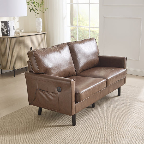 English Elm Loveseat Mid Century Modern Two-Seater Sofa with USB Type-C Charging, Removable Zipper Covers, Durable Wood Legs Brown PU W395P238821